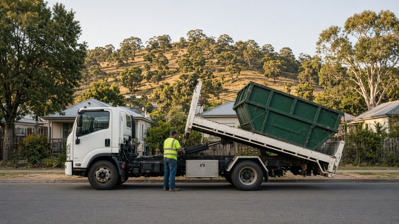 Green skip bin loaded on a tilt-tray truck
