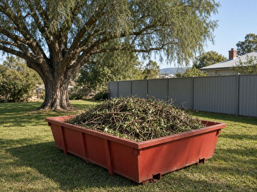 Red skip bin full of garden prunings and branches