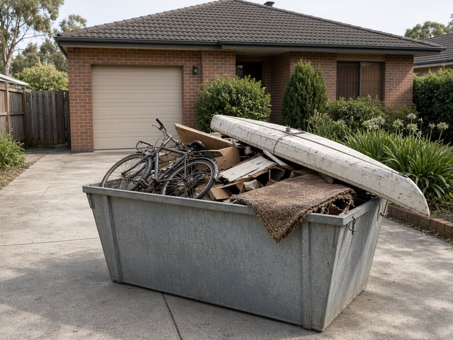 Grey skip bin outside an open garage during a clean-out