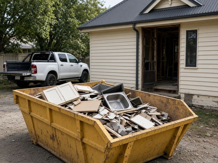 Yellow skip bin with old kitchen cabinets from a renovation