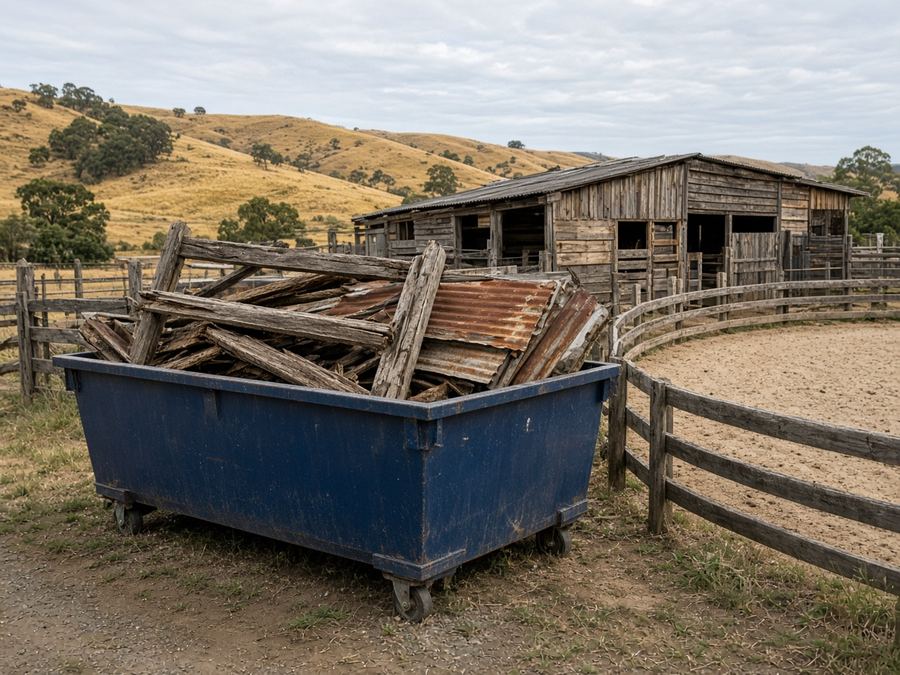 Blue skip bin beside stables on a horse property