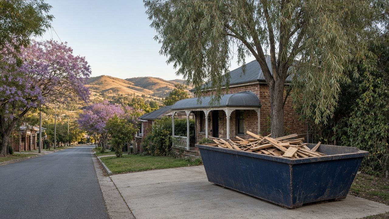 Navy skip bin outside a Federation-style home with hills in the distance
