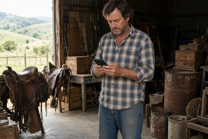 Man in a shed with saddles and tack, getting ready for a clean-out