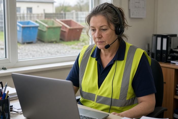 Office worker with a headset taking down a skip bin booking
