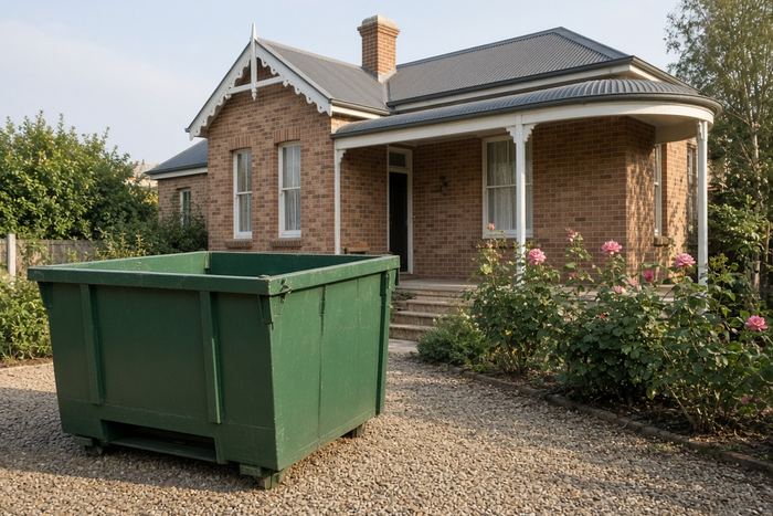 Green skip bin delivered outside a Federation cottage
